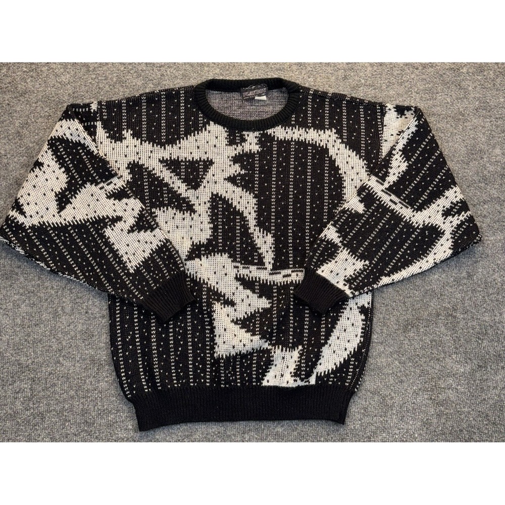 Playboy Black White Graphic Sweater Men's Size Medium Vintage USA Knit Crewneck